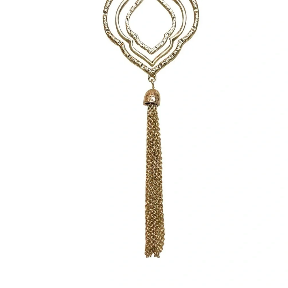 JV Long Hammered‎ Gold Tone Metal Lariat Statement Necklace With Tassel Detail